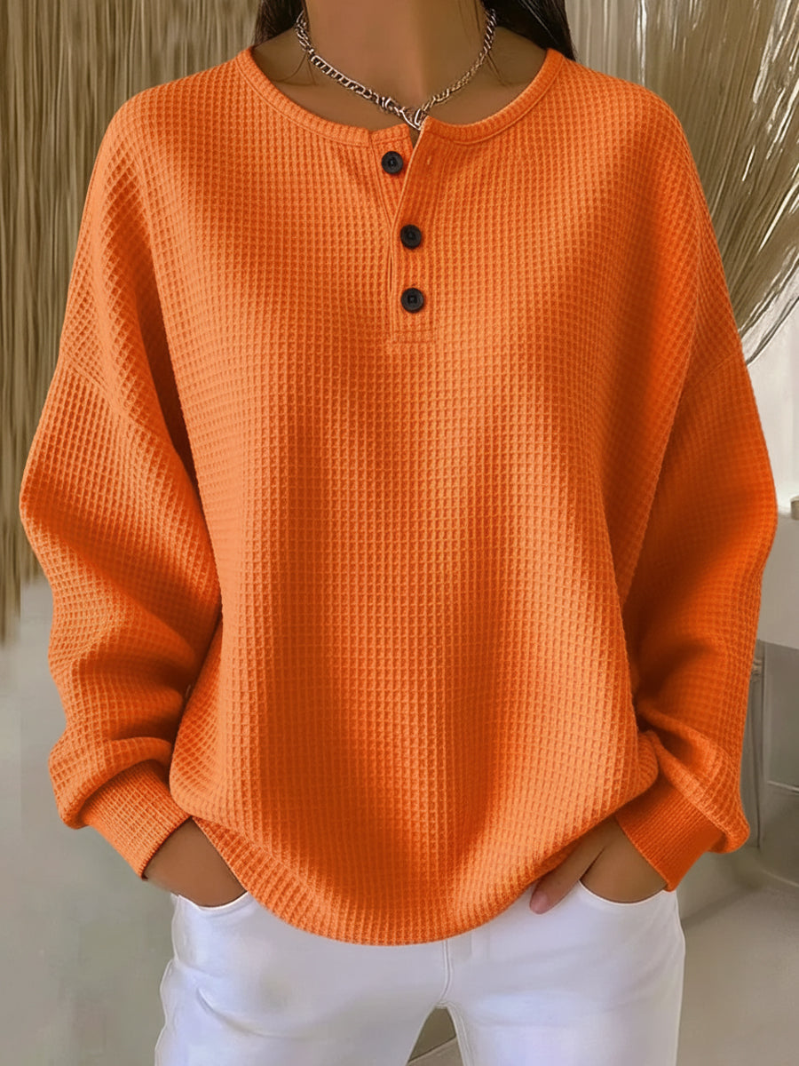 Women's Waffle Henley Sweatshirt in Orange