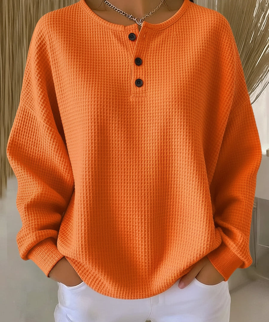 Women's Waffle Knit Henley Sweatshirt in Orange