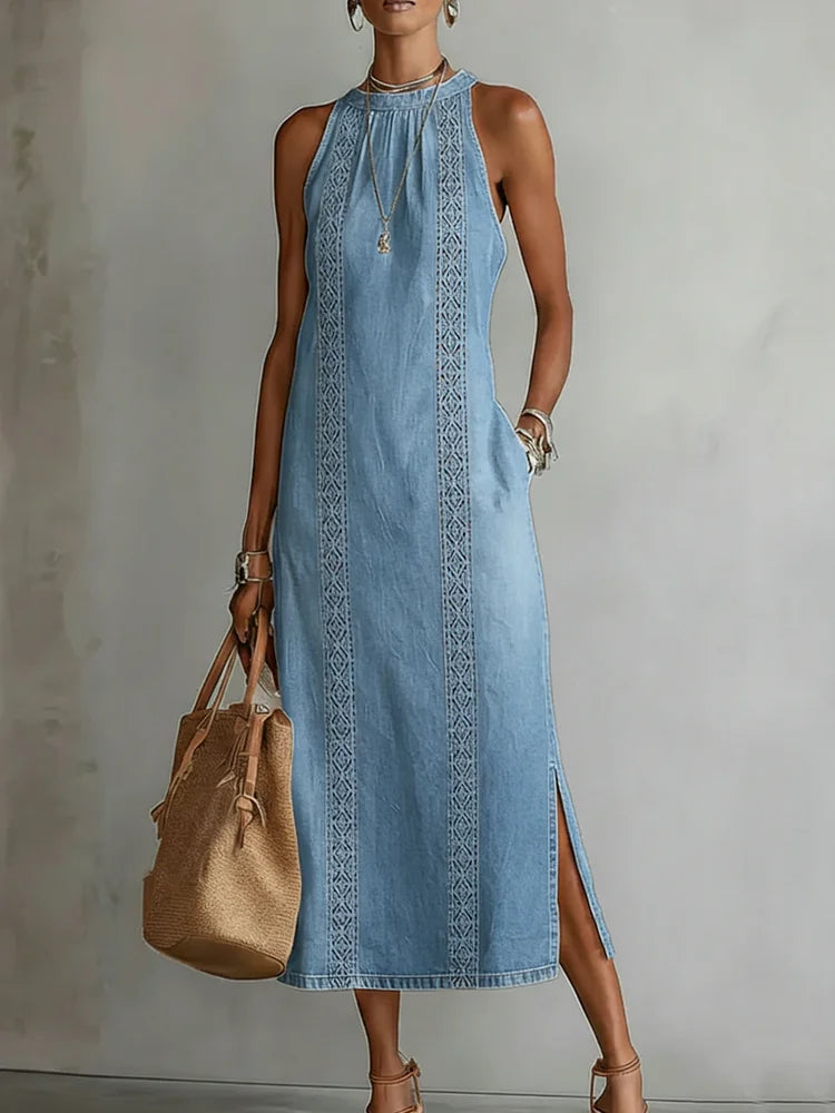 Women's Vintage Lace Denim Dress in Light Blue