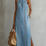 Women's Vintage Lace Denim Dress in Light Blue