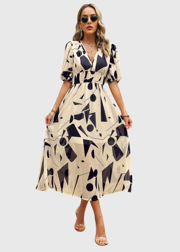 Women's Flattering Floral Midi Dress in Apricot