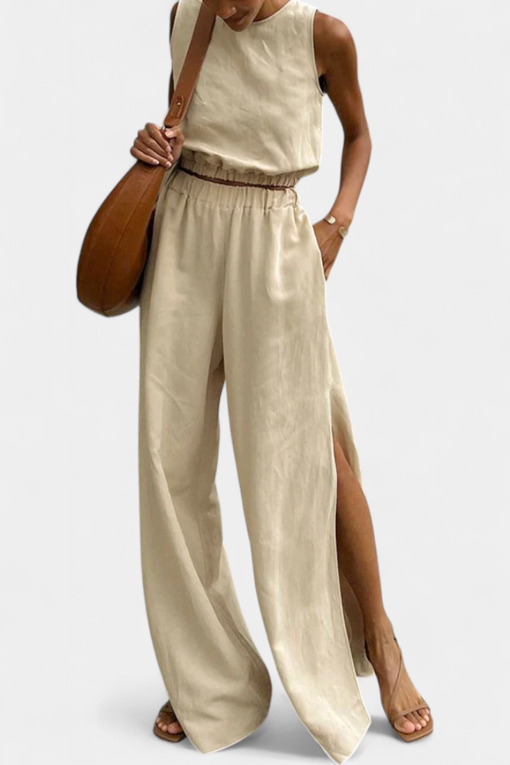 Sleeveless Cotton-Linen Wide-Leg Set in Khaki