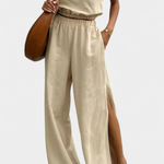 Sleeveless Cotton-Linen Wide-Leg Set in Khaki