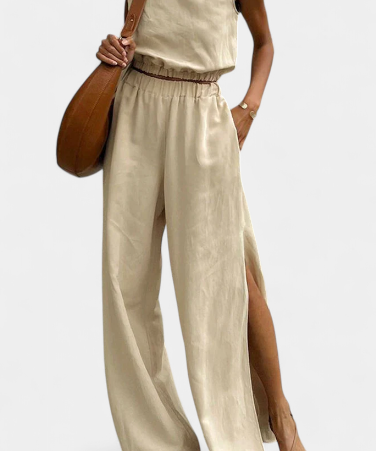 Sleeveless Cotton-Linen Wide-Leg Set in Khaki