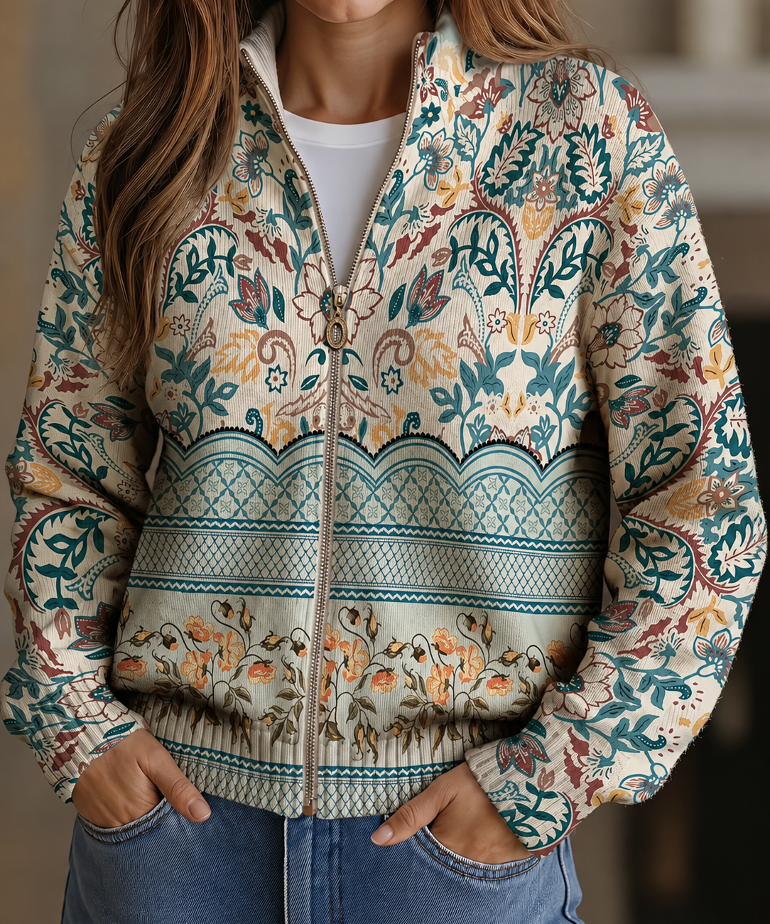 Women's Botanical Border Zip Cardigan