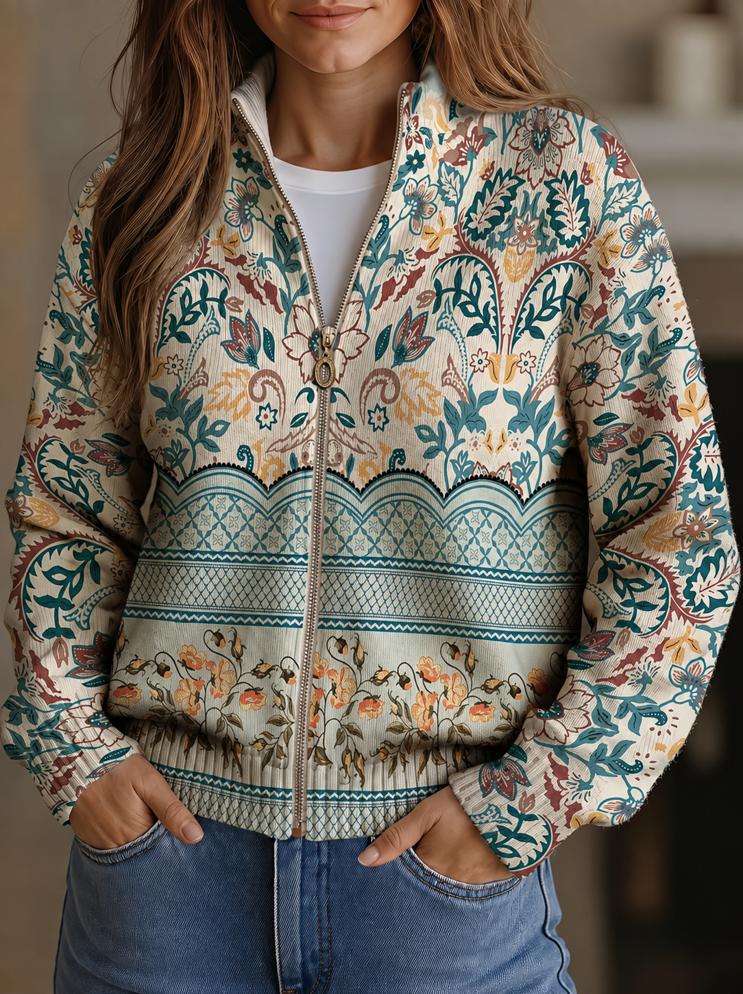 Women's Botanical Border Zip Cardigan