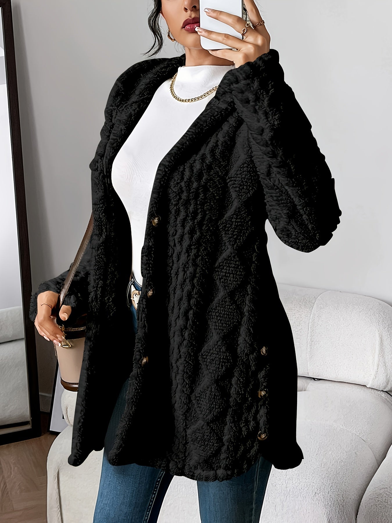 Women's Plush Hooded Jacket in Black