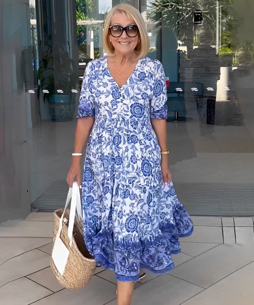 Women's Graceful V-Neck Floral Maxi Dress in Blue