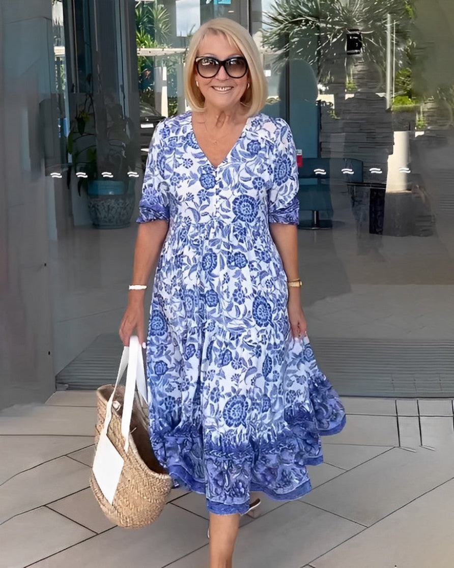 Women's Graceful V-Neck Floral Maxi Dress in Blue