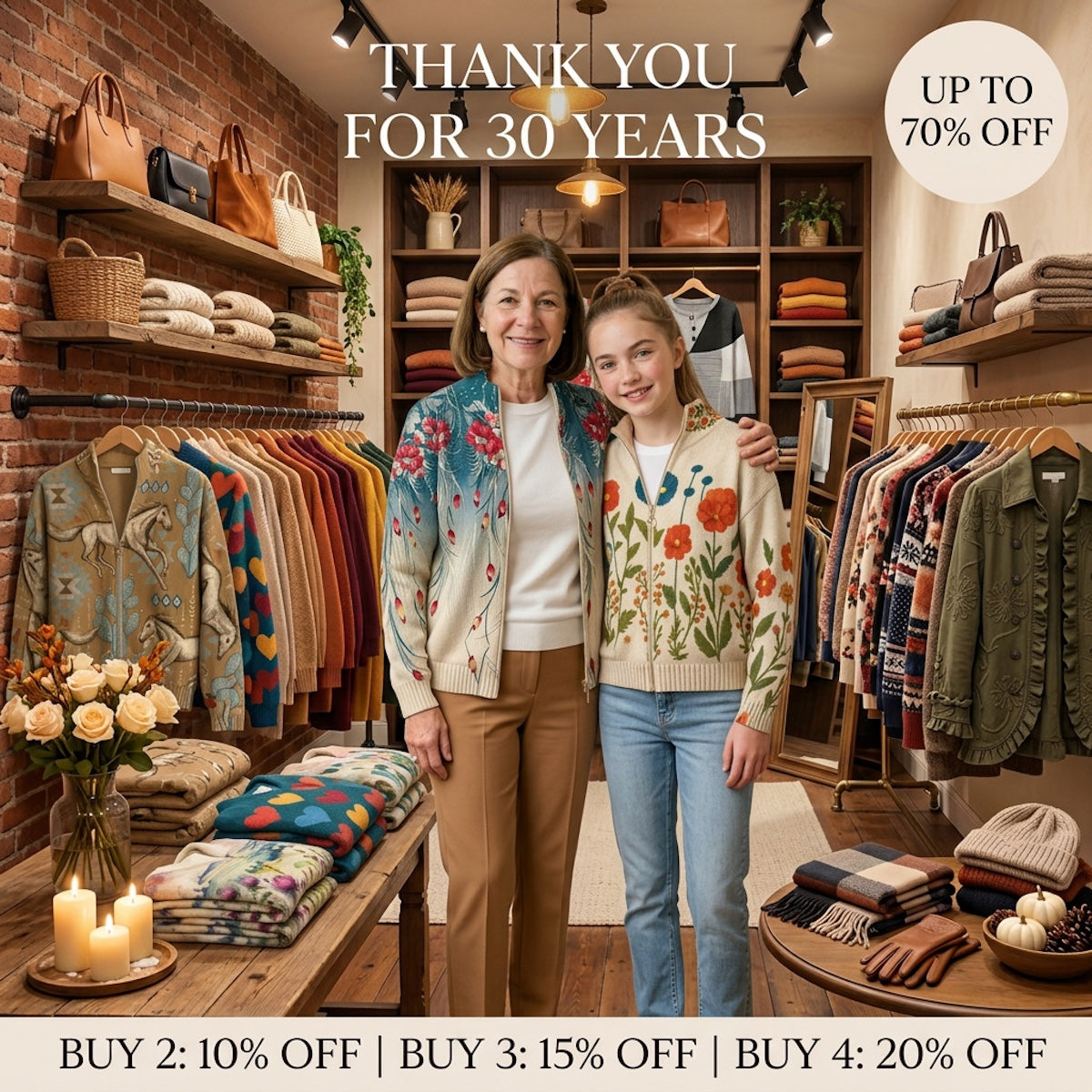 Zip-Up Cardigans collection banner: two women wearing floral printed cardigans in a boutique