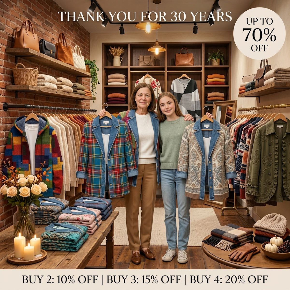 Denim Jackets & Blazers collection banner: two women holding a blue denim jacket and a green ruffled jacket