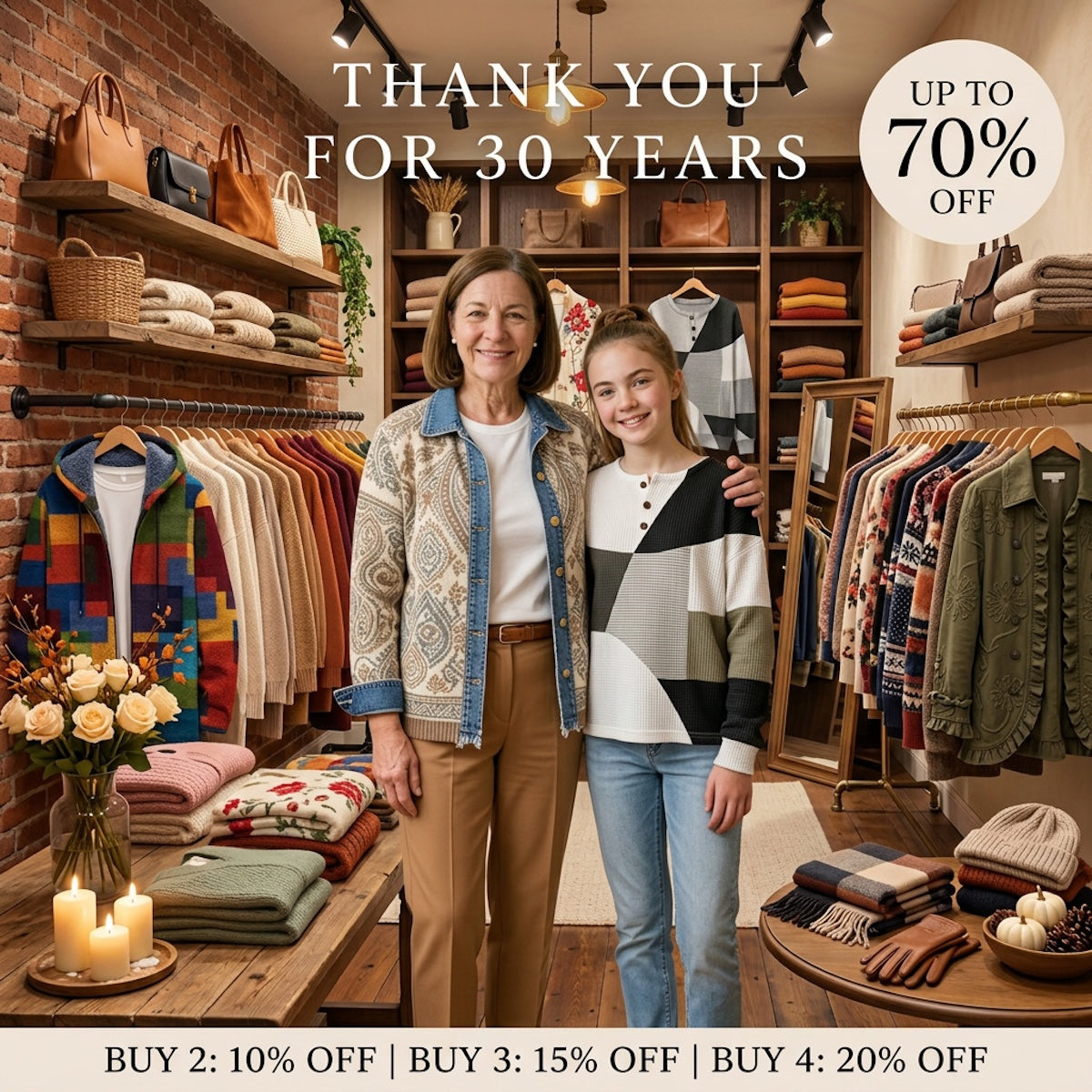 Two women holding colourful knitwear inside the Linda Monroe boutique, with the store's multi-buy discount offer