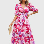 Women's Flattering Floral Midi Dress in Pink