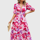Women's Flattering Floral Midi Dress in Pink
