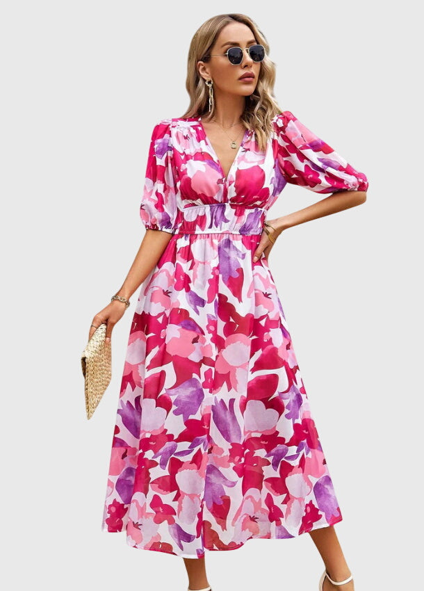Women's Flattering Floral Midi Dress in Pink