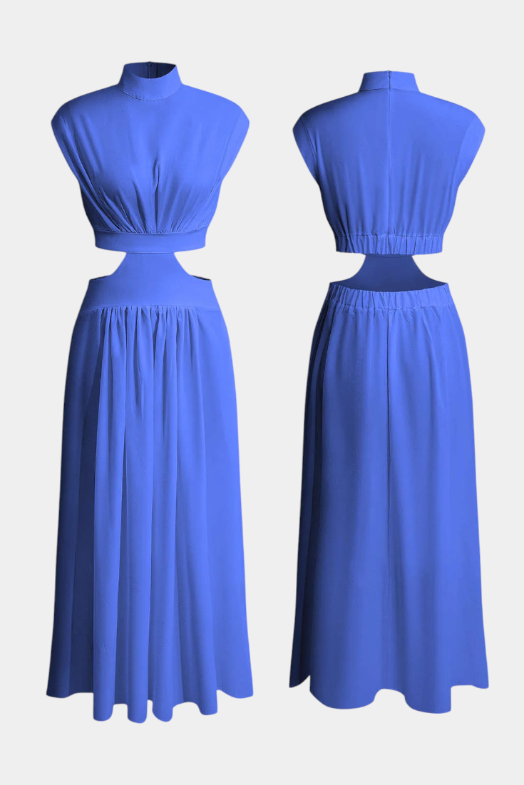 High-Neck Top & Side-Slit Skirt Set in Blue