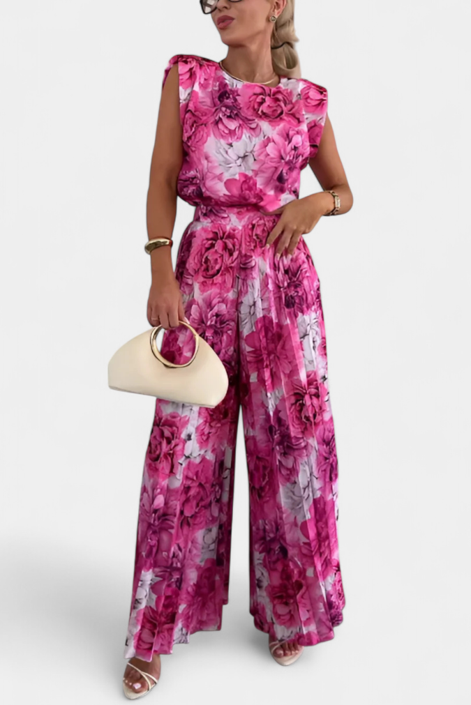 Backless Top & Pleated Wide-Leg Pants Set in Floral Pink