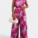 Backless Top & Pleated Wide-Leg Pants Set in Floral Pink