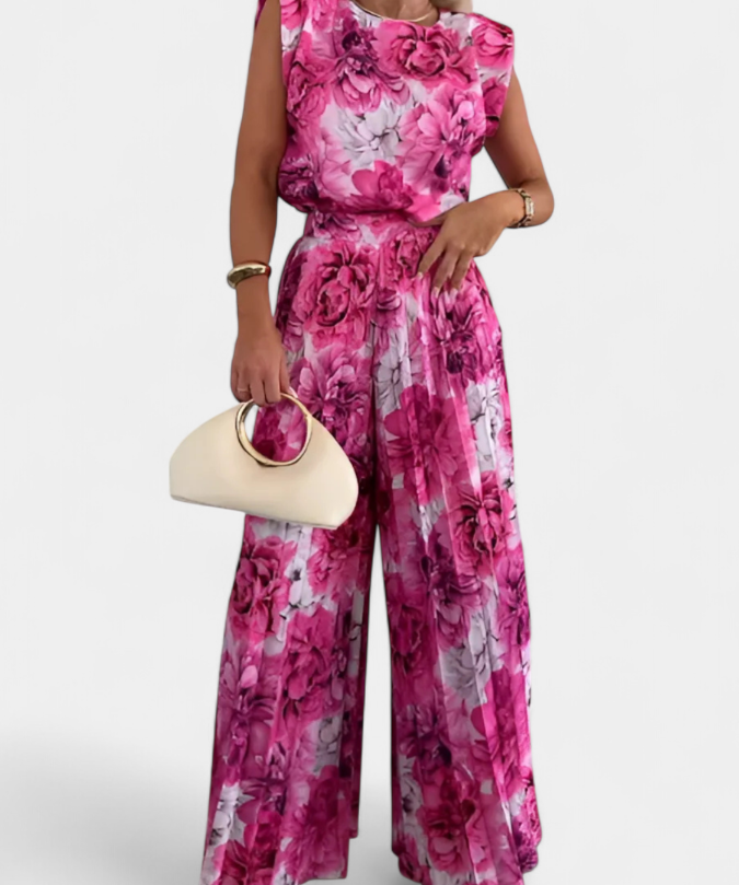 Backless Top & Pleated Wide-Leg Pants Set in Floral Pink