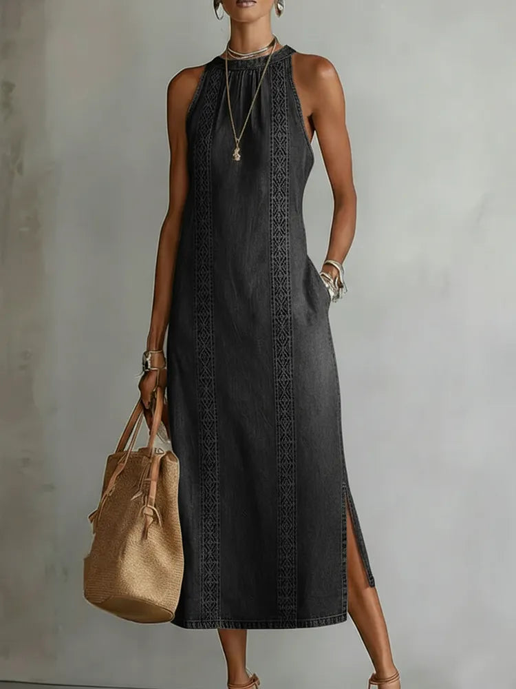 Women's Vintage Lace Denim Dress in Black