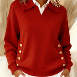 Women's Polo Collar Sweater with Gold Buttons in Red