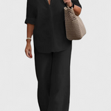 Relaxed Fit Two-Piece Linen-Cotton Ensemble in Black