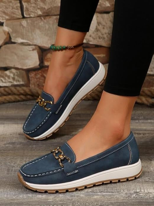 Women's Comfort Flat Buckle Loafers in Marine Blue
