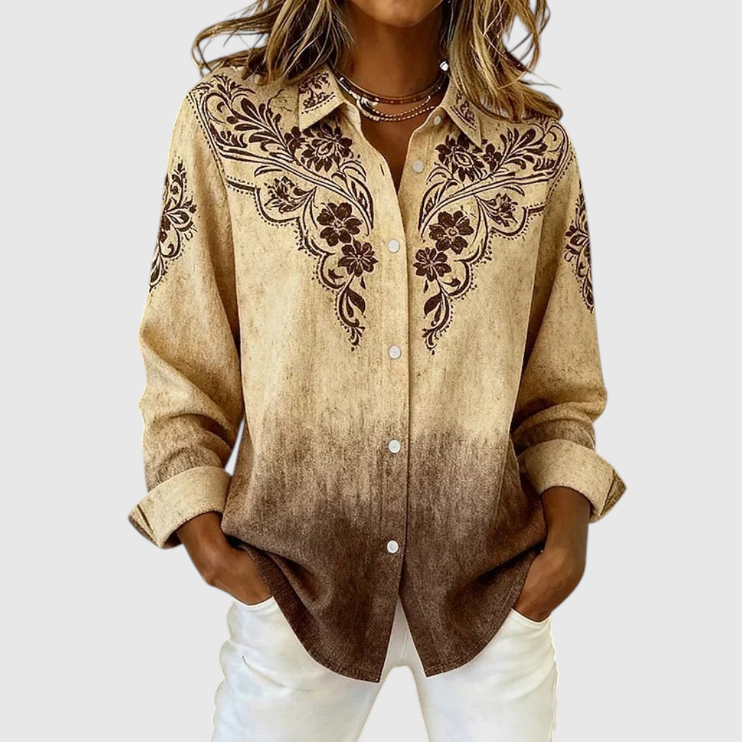 Vintage Western Floral Button-Up Blouse in Brown