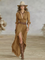 Women's Long Linen Dress with Inverted Collar in Brown