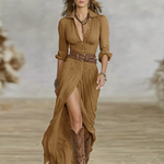 Women's Long Linen Dress with Reverse Collar in Brown