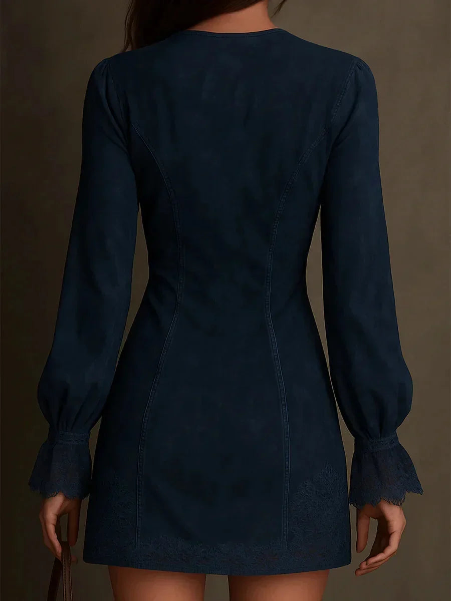 Women's Blue Suede Mini Dress with Lace, photo 4