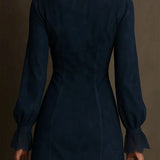 Women's Blue Suede Mini Dress with Lace, photo 4