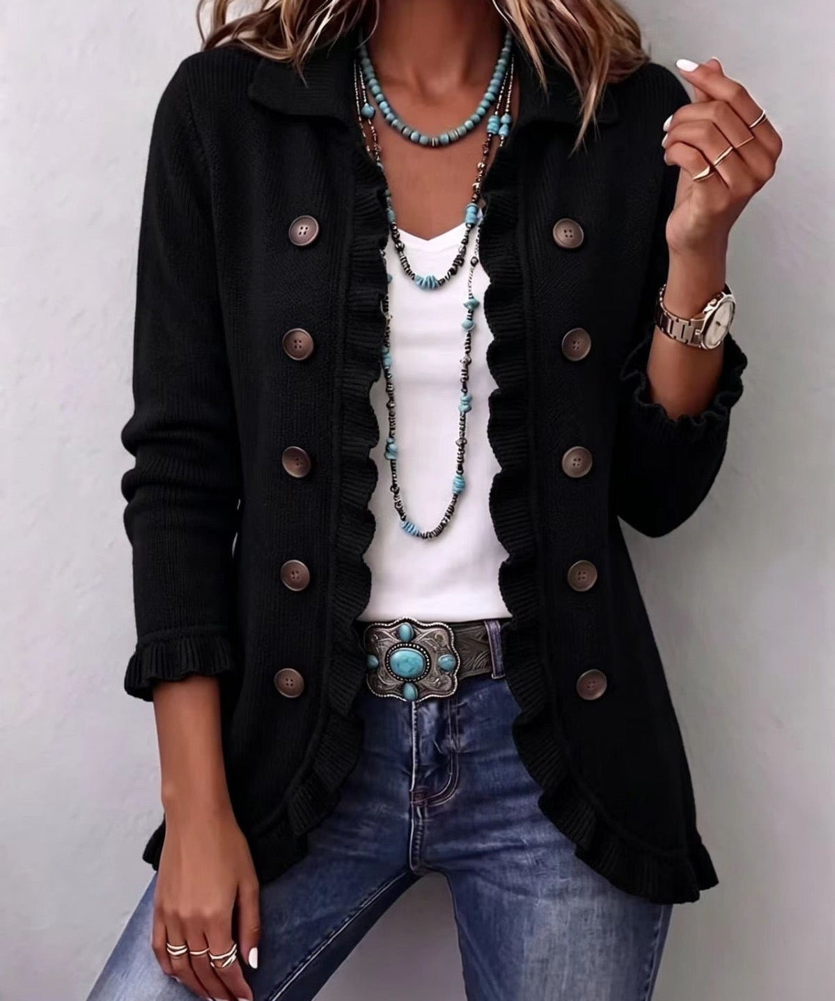 Women's Jet Black Ribbed Knit Ruffle Jacket