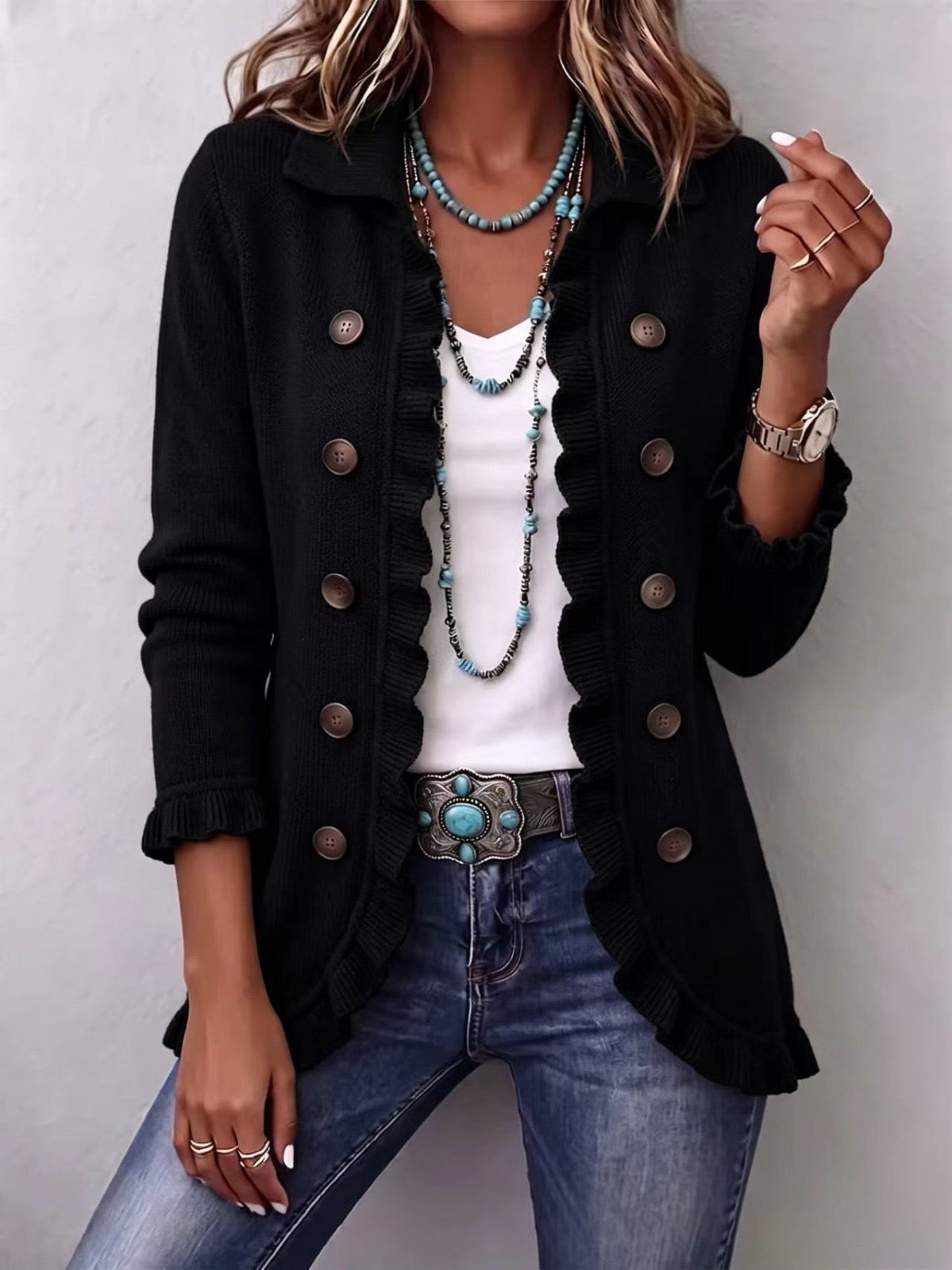 Women's Jet Black Ribbed Knit Ruffle Jacket