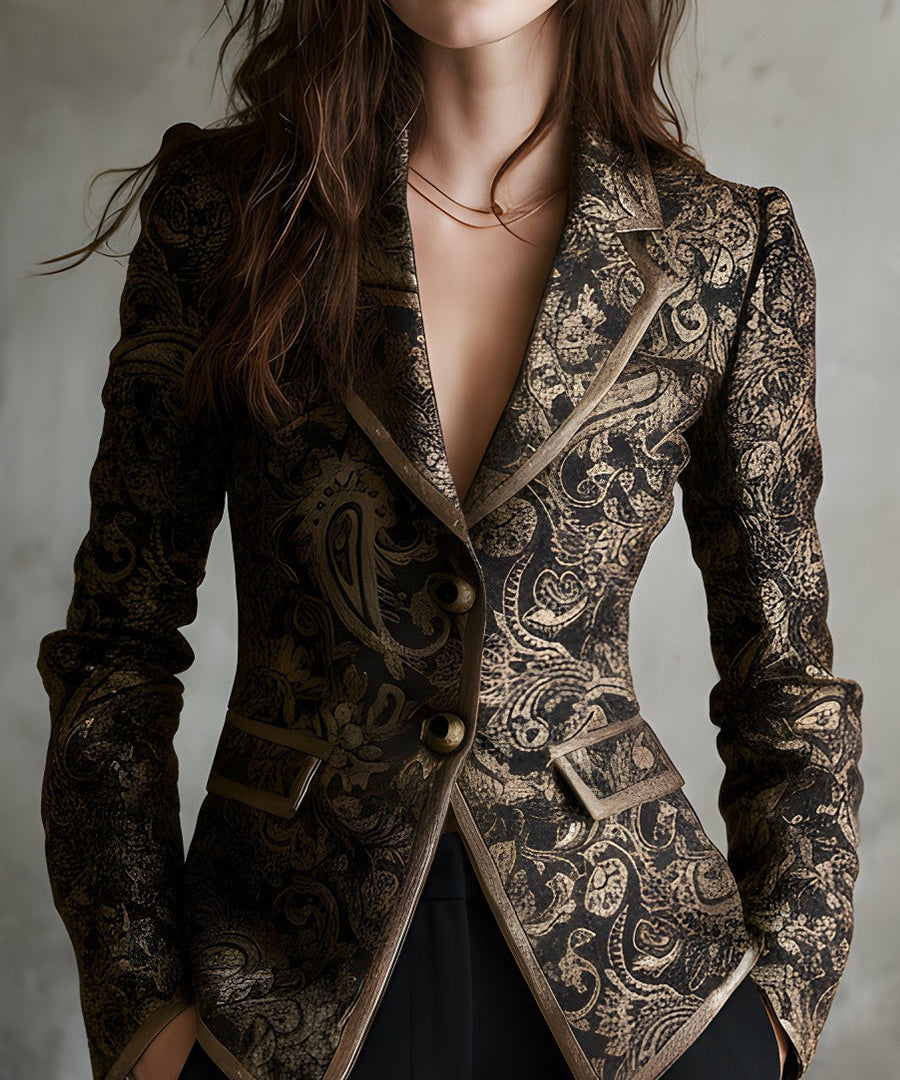 Quiet Luxury Paisley Jacquard Wrapped Lapels Fitted Blazer