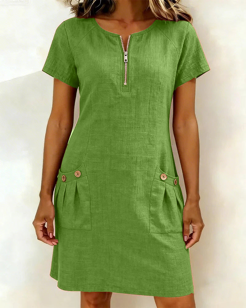 Women's Cotton Dress with Zipper Pocket in Green