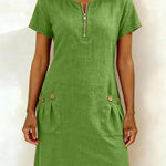 Women's Cotton Dress with Zipper Pocket in Green