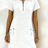 Women's Cotton Dress with Zip Pocket in White