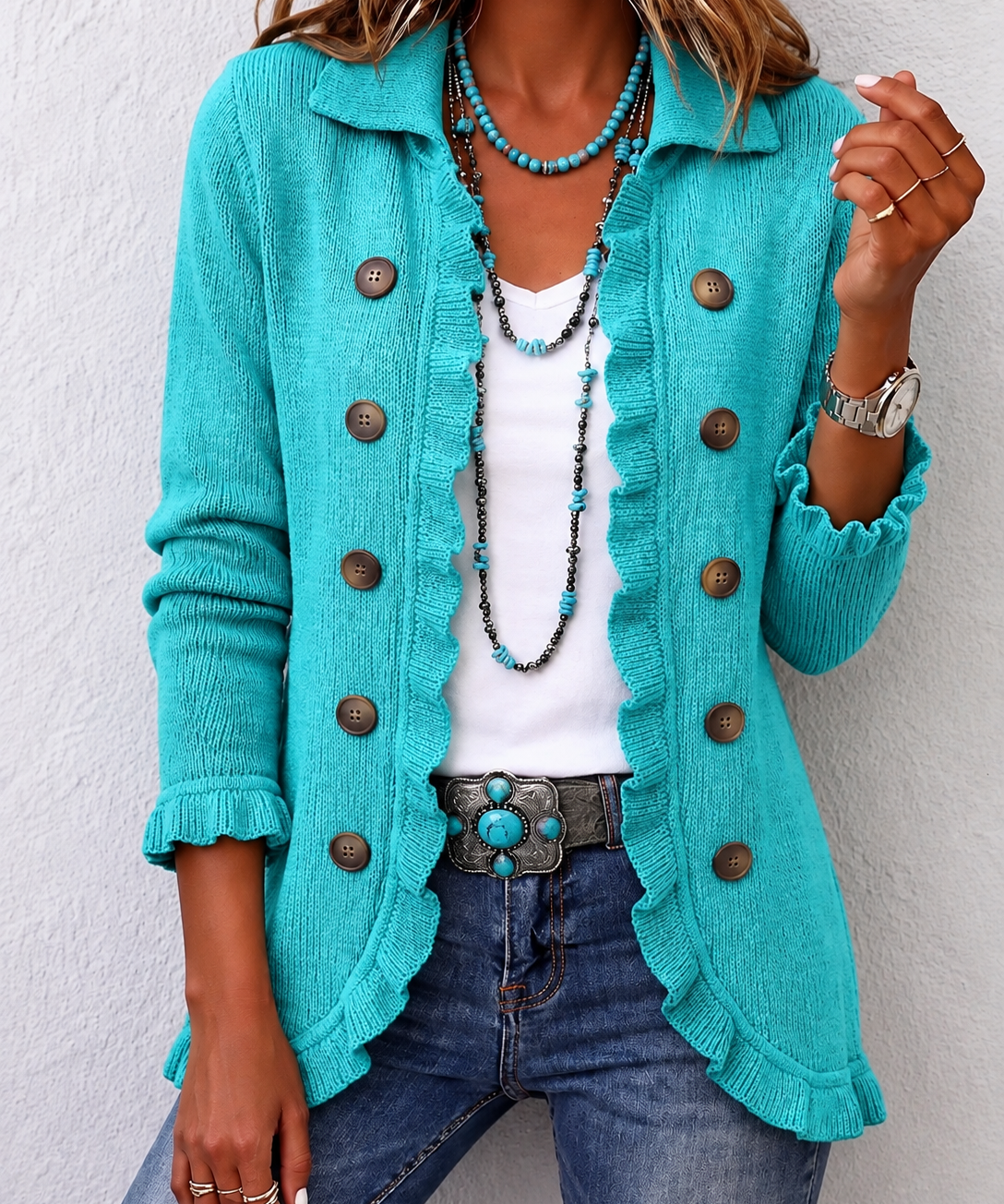 Women's Turquoise Ribbed Knit Ruffle Jacket
