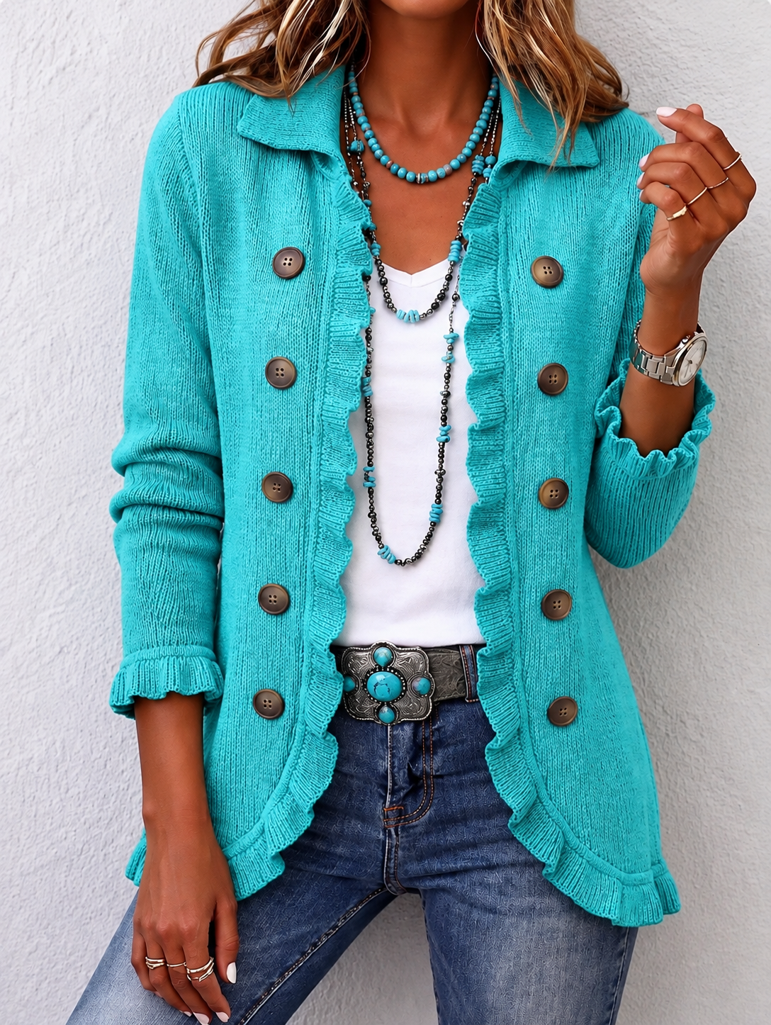 Women's Turquoise Ribbed Knit Ruffle Jacket