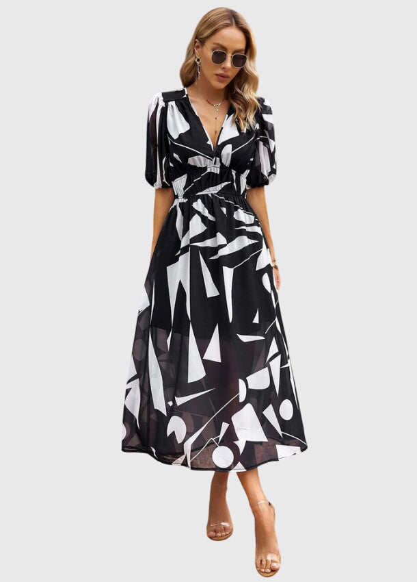 Women's Flattering Floral Midi Dress in Black
