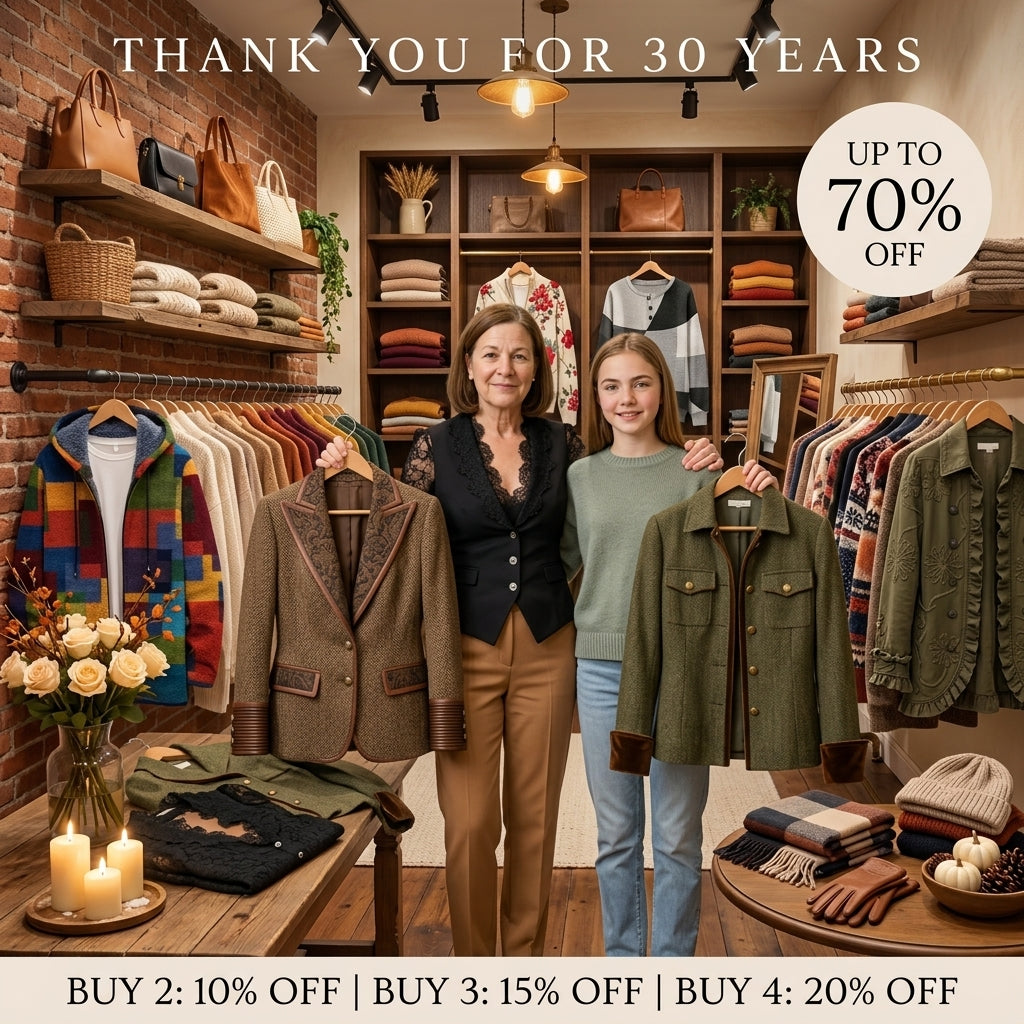 Classic Blazers collection banner: two women in a boutique holding a brown tweed blazer and a green jacket