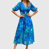 Women's Flattering Floral Midi Dress in Blue