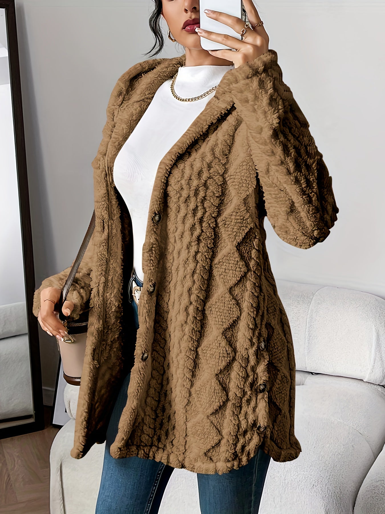 Women's Plush Hooded Jacket in Brown