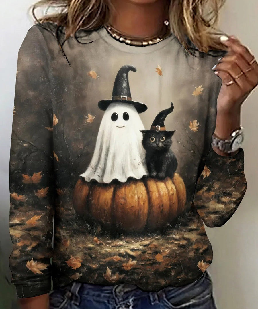 Women's Ghost and Cat Long-Sleeve Tee in Multicolor
