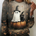 Women's Ghost and Cat Long-Sleeve Tee in Multicolor