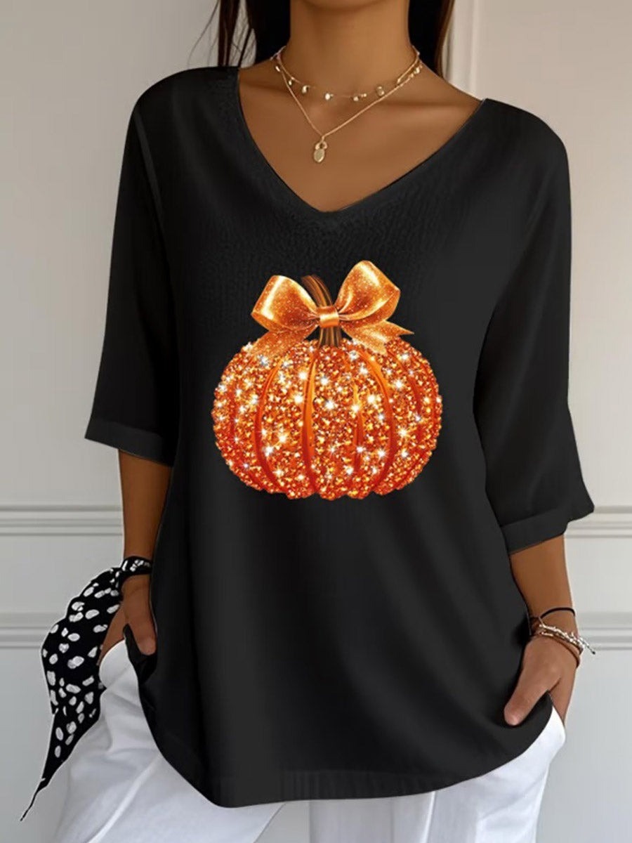 Women's Sequin Pumpkin V-Neck Blouse in Black