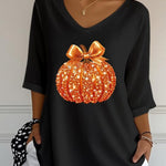 Women's Sequin Pumpkin V-Neck Blouse in Black