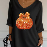 Women's Sequin Pumpkin V-Neck Blouse in Black