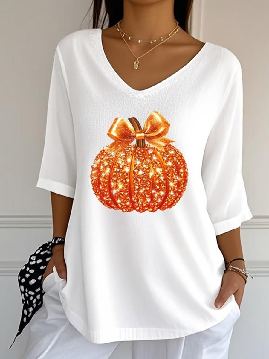 Women's Sequin Pumpkin V-Neck Blouse in White
